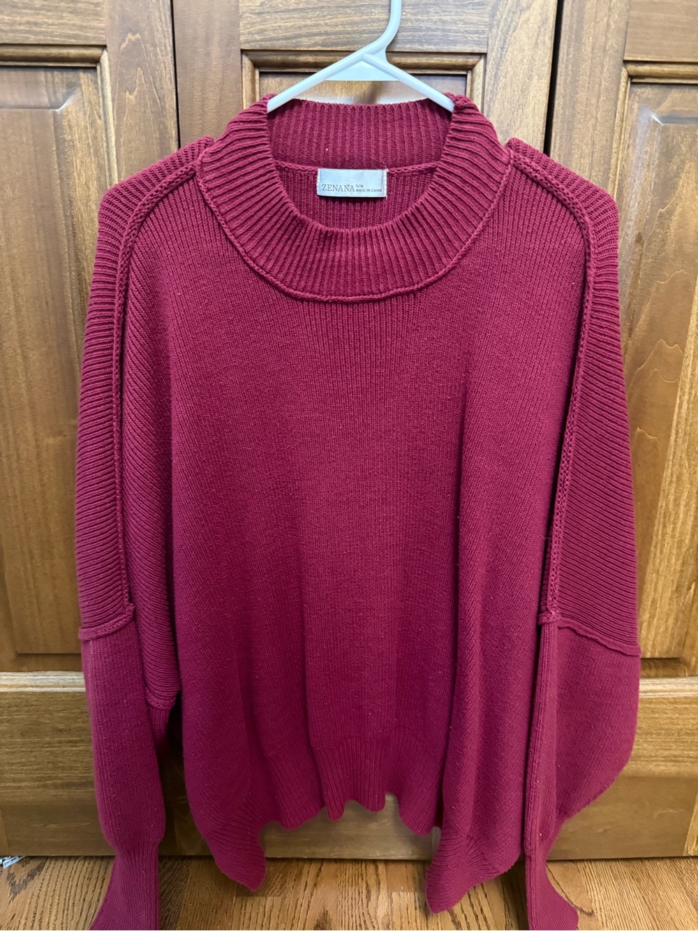 ZENANA burgundy Oversized Ribbed Crewneck Sweater